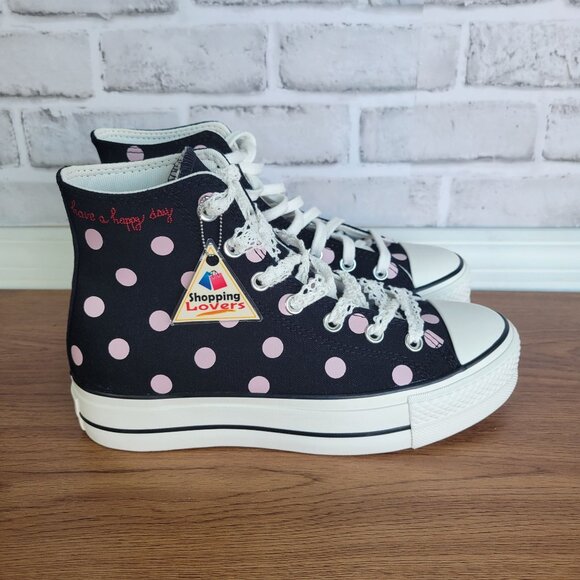 ⭐Converse Lift Platform Polka Dot Hi Canvas 8 Womens Sneakers Black Pink A10688C - Picture 8 of 12